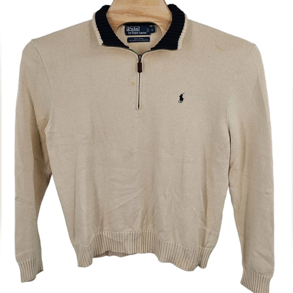 Polo Ralph Lauren Vintage Ribbed 1/4 Zip Sweater Large Heavyweight Knit Flaws